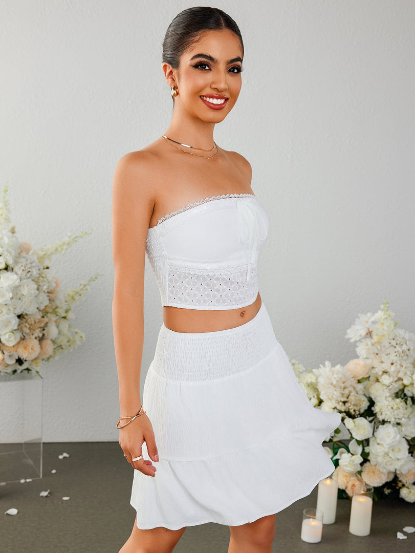 Lace Trim Tie Front Ruffle Tube Top&Ruffle Flared Hem Skirt | Vacation Two-Piece Set