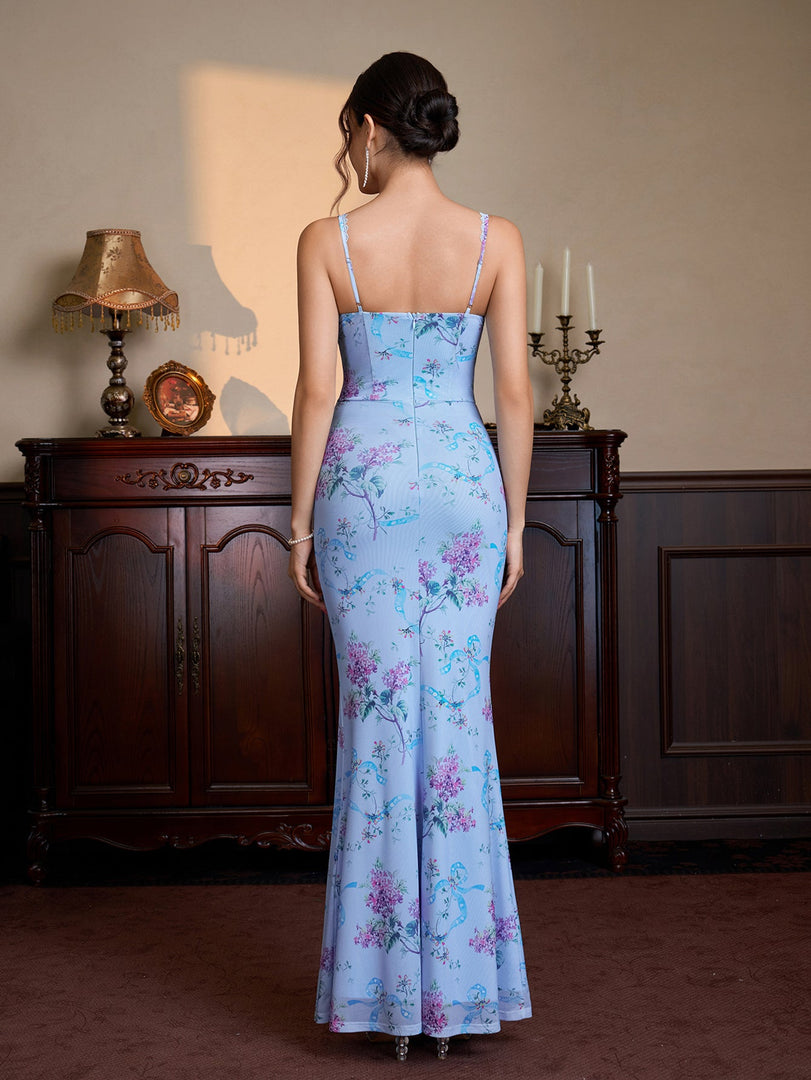 Lace Trim Tie Front Zipper Floral Print Mesh Dress | Wedding Guest Dress, Vacation Dress