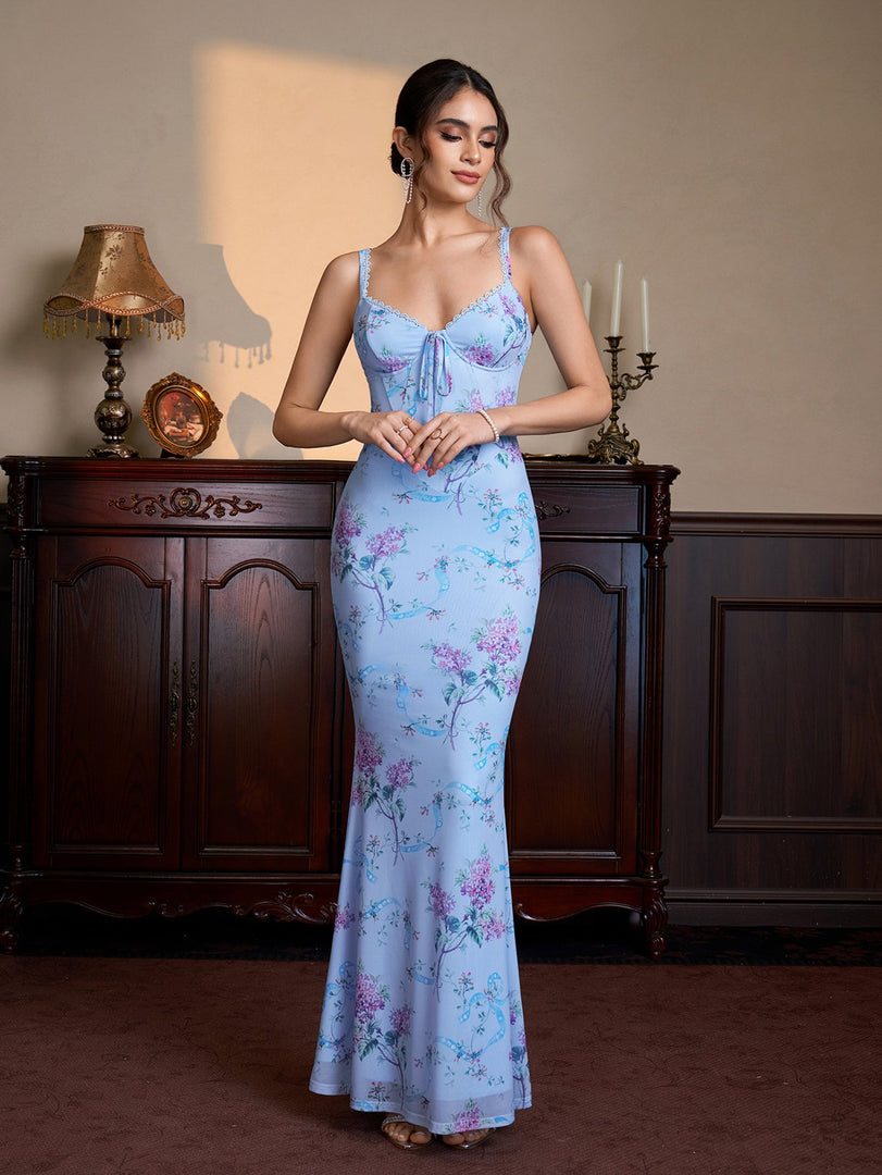 Lace Trim Tie Front Zipper Floral Print Mesh Dress | Wedding Guest Dress, Vacation Dress