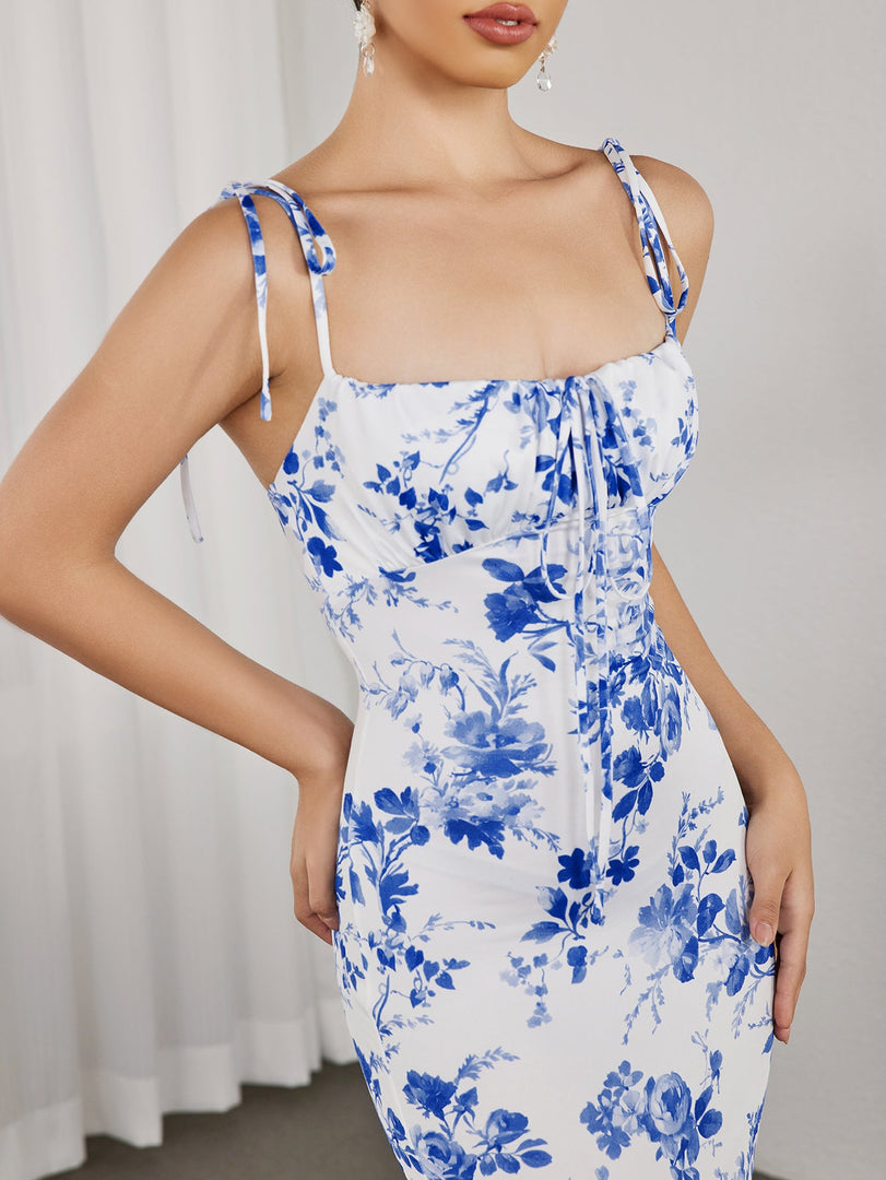 Lace-Up Straps Tie Front Floral Bodycon Dress(Petite Version) | Wedding Guest Dress, Vacation Dress