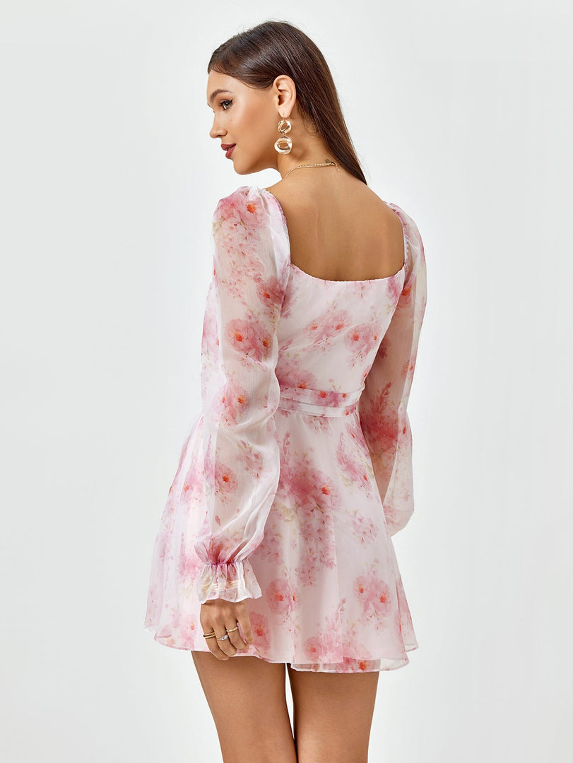 Lantern Sleeve Backless Floral Mini Dress | Wedding Guest Dress, Vacation Dress