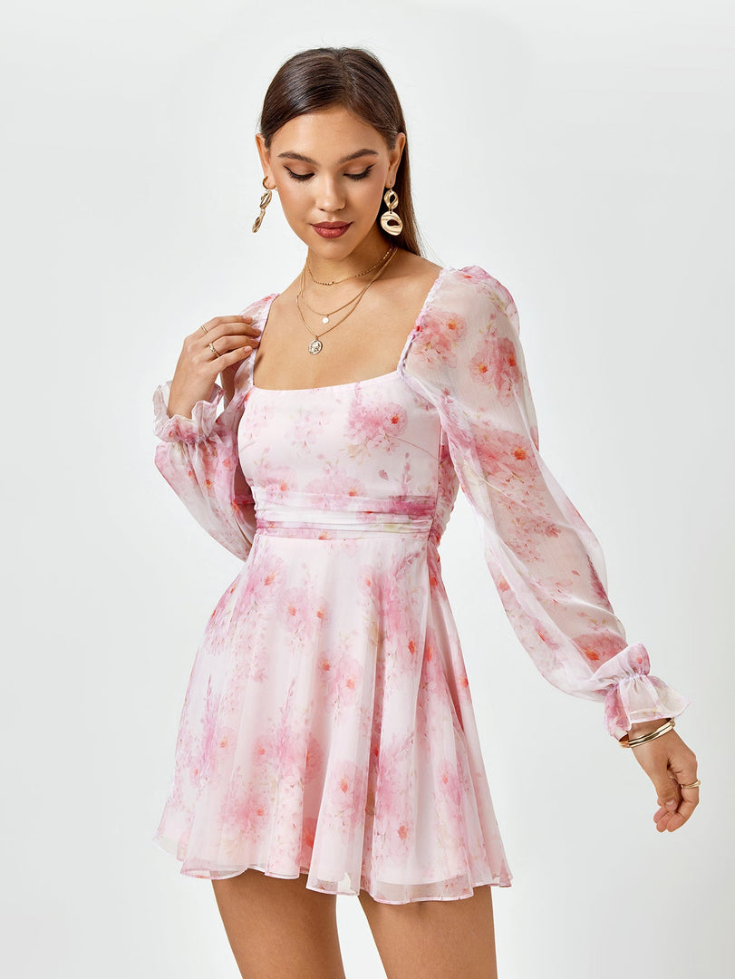 Lantern Sleeve Backless Floral Mini Dress | Wedding Guest Dress, Vacation Dress