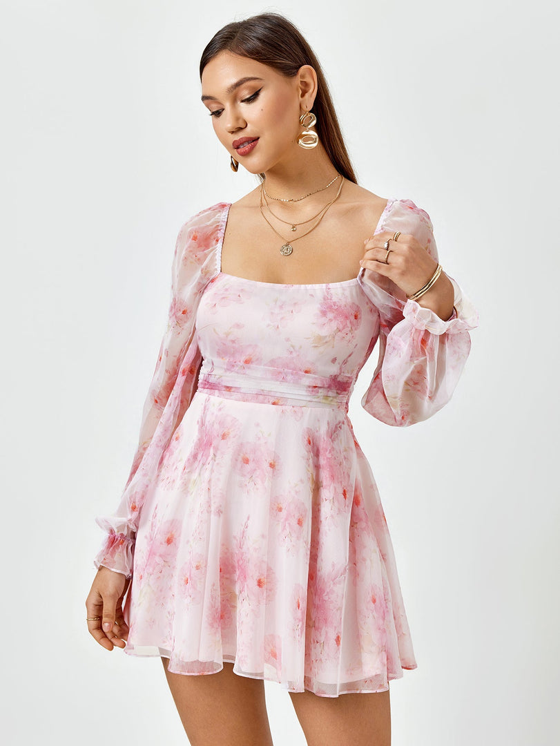 Lantern Sleeve Backless Floral Mini Dress | Wedding Guest Dress, Vacation Dress