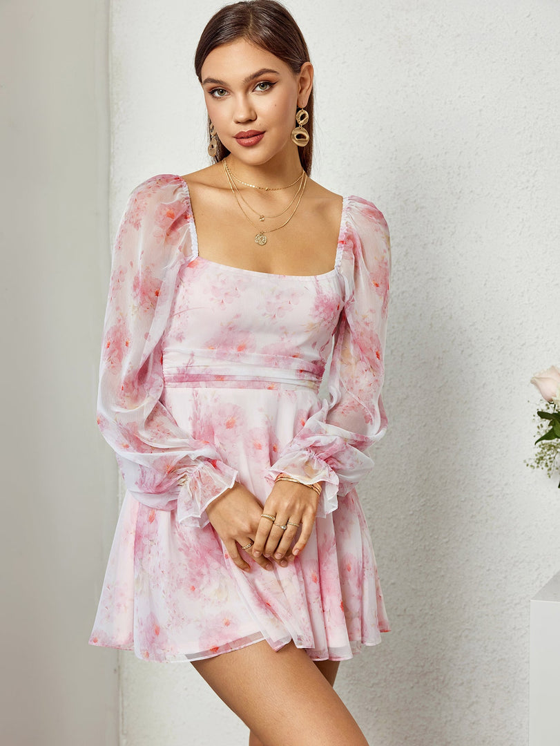 Lantern Sleeve Backless Floral Mini Dress | Wedding Guest Dress, Vacation Dress
