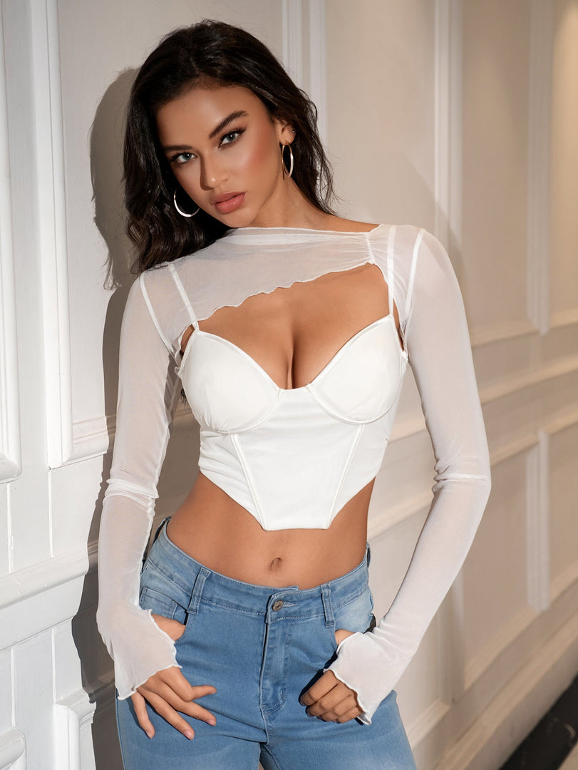Long Sleeve Cut Out Mesh Corset Top | Formal Event Top