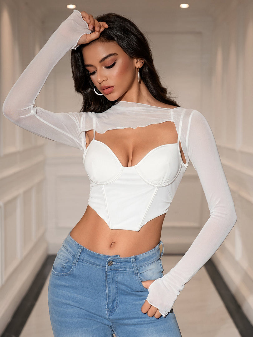 Long Sleeve Cut Out Mesh Corset Top | Formal Event Top