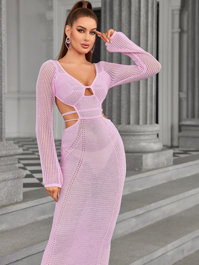 Long Sleeve Cut Out Tie Backless Sweater Dress | Wedding Guest Dress