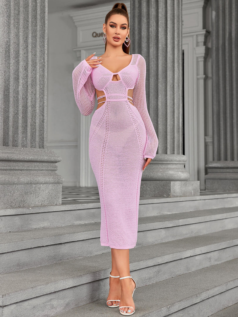 Long Sleeve Cut Out Tie Backless Sweater Dress | Wedding Guest Dress