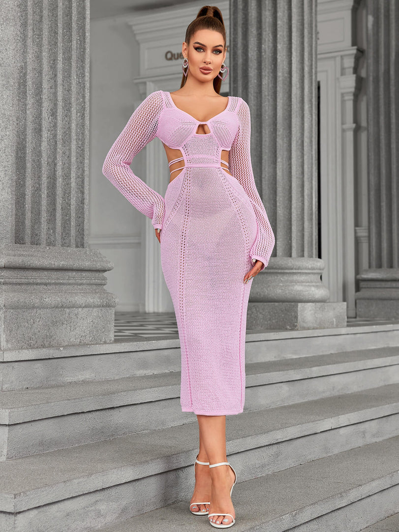Long Sleeve Cut Out Tie Backless Sweater Dress | Wedding Guest Dress
