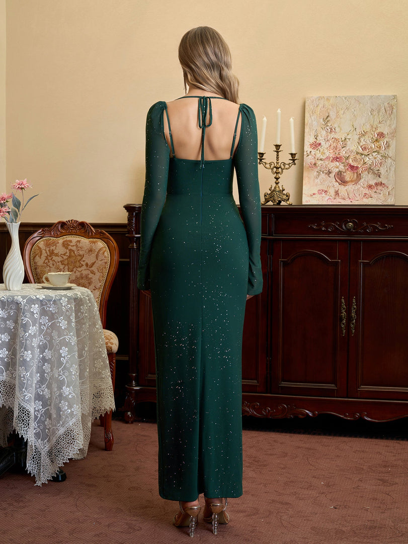 Long Sleeve Halter Sparkly Maxi Dress | Prom Dress, Formal Dress