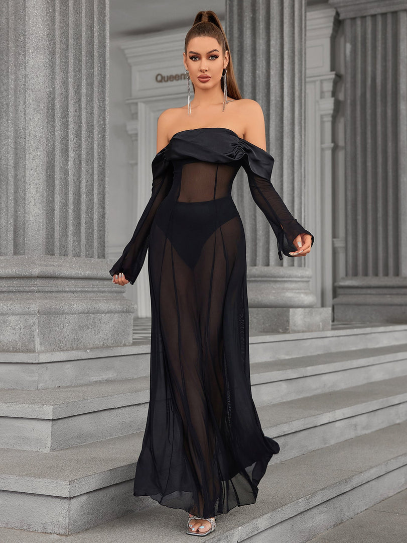 Long Sleeve Off Shoulder Satin Patchwork Mesh Dress | Bridesmaid Dress