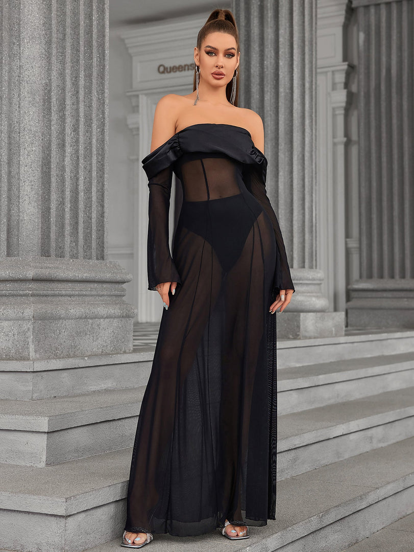 Long Sleeve Off Shoulder Satin Patchwork Mesh Dress | Bridesmaid Dress