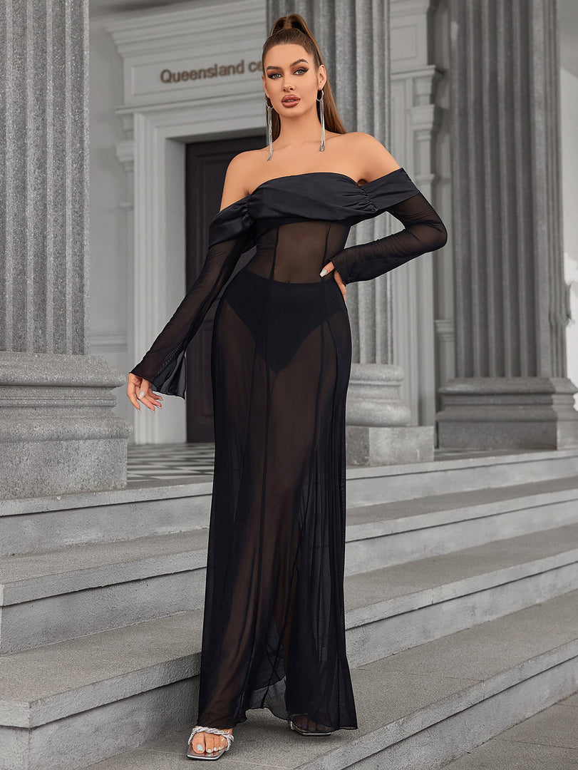 Long Sleeve Off Shoulder Satin Patchwork Mesh Dress | Bridesmaid Dress