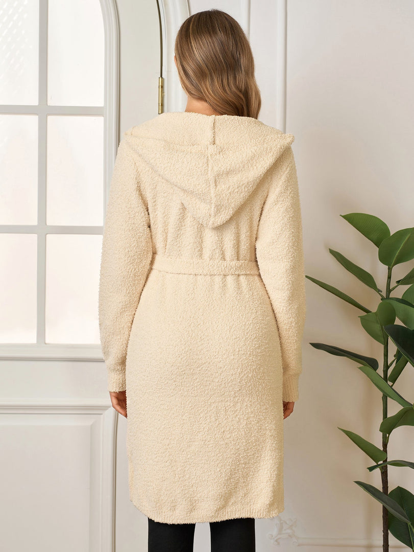 Long Sleeve Pocket Belted Hood Solid Sweater | Wedding Guest Dress