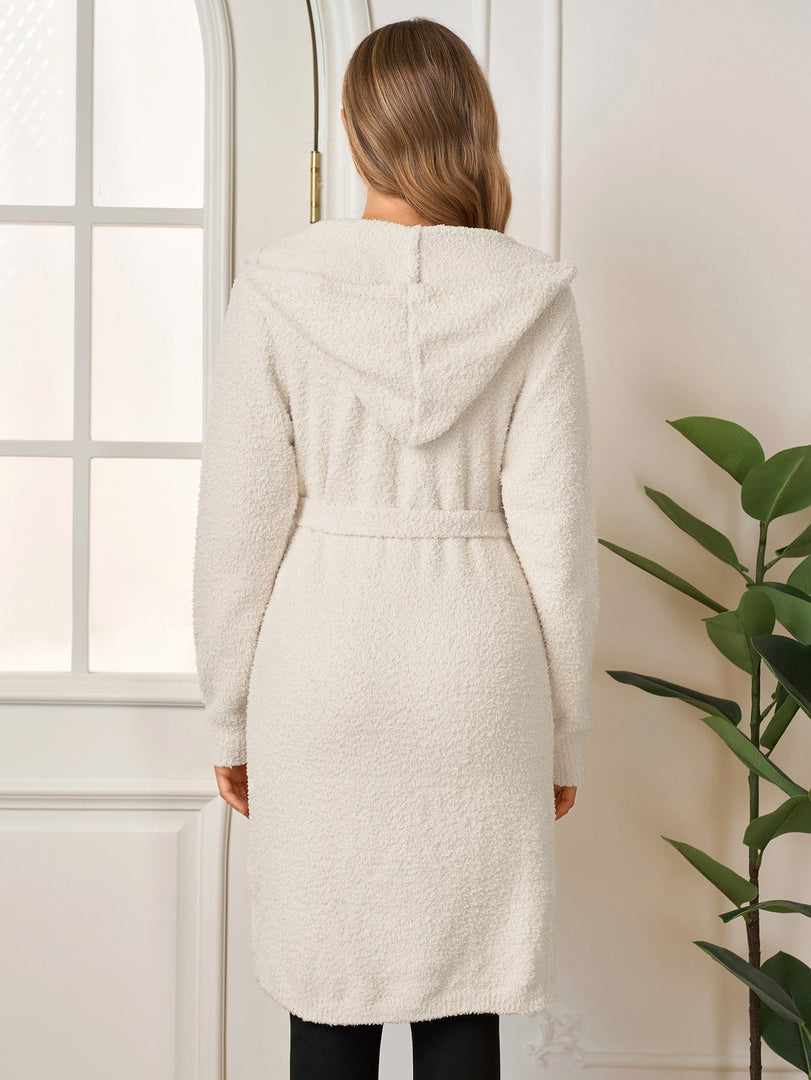 Long Sleeve Pocket Belted Hood Solid Sweater | Wedding Guest Dress
