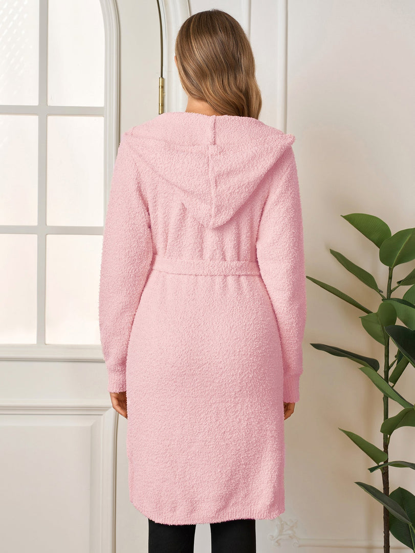 Long Sleeve Pocket Belted Hood Solid Sweater | Wedding Guest Dress