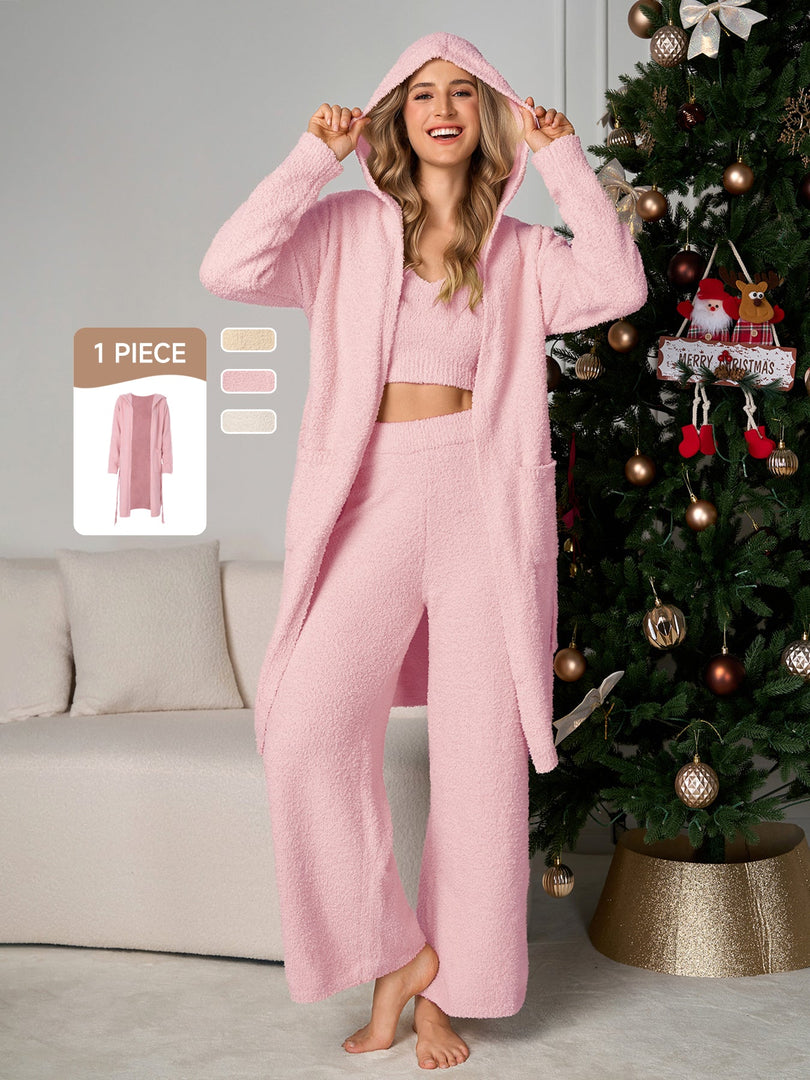 Long Sleeve Pocket Belted Hood Solid Sweater | Wedding Guest Dress