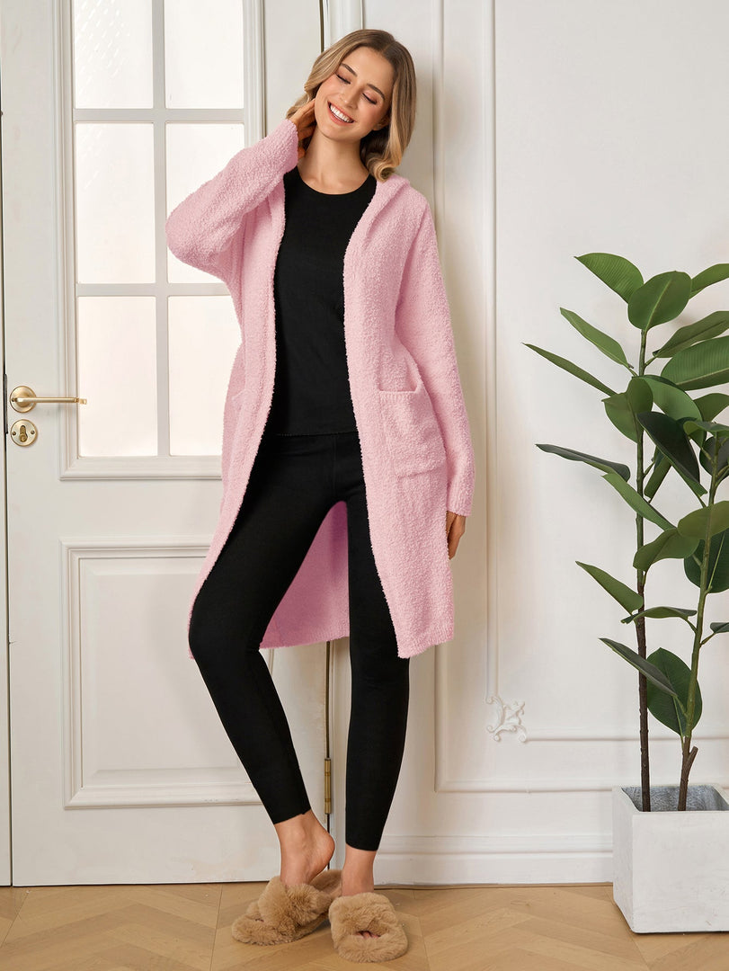 Long Sleeve Pocket Belted Hood Solid Sweater | Wedding Guest Dress