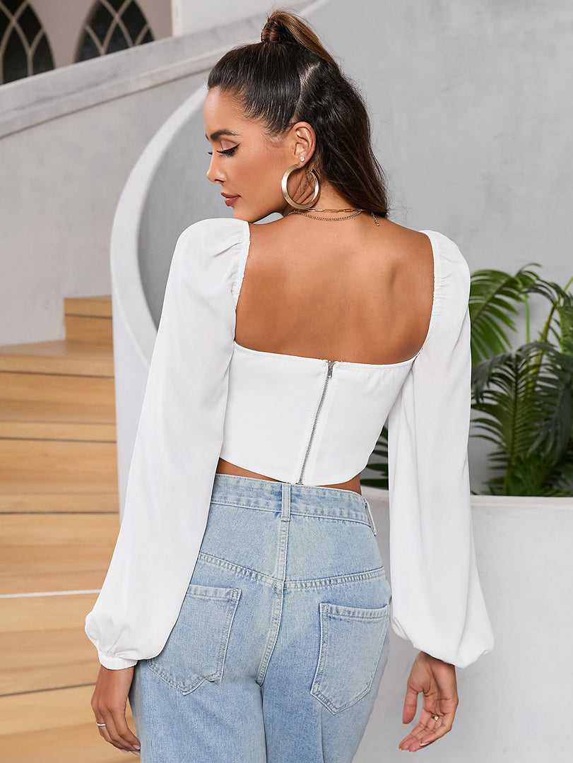 Long Sleeve Ruched Bust Zipper Back Crop Top | Formal Event Top