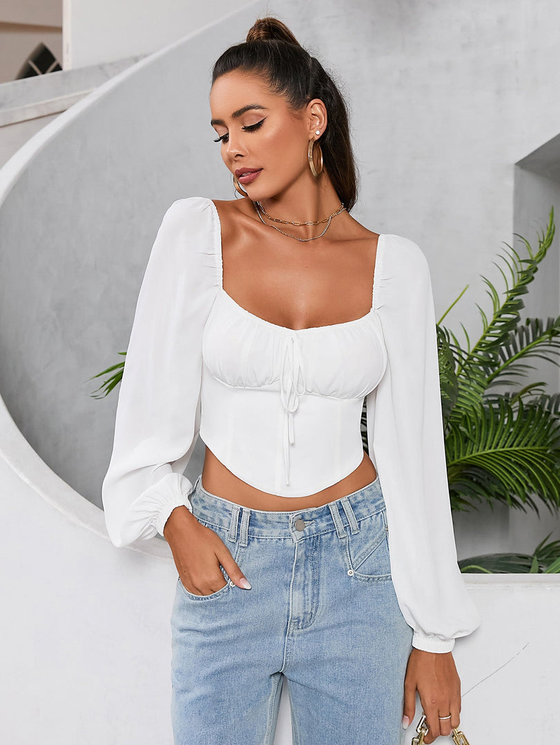 Long Sleeve Ruched Bust Zipper Back Crop Top | Formal Event Top