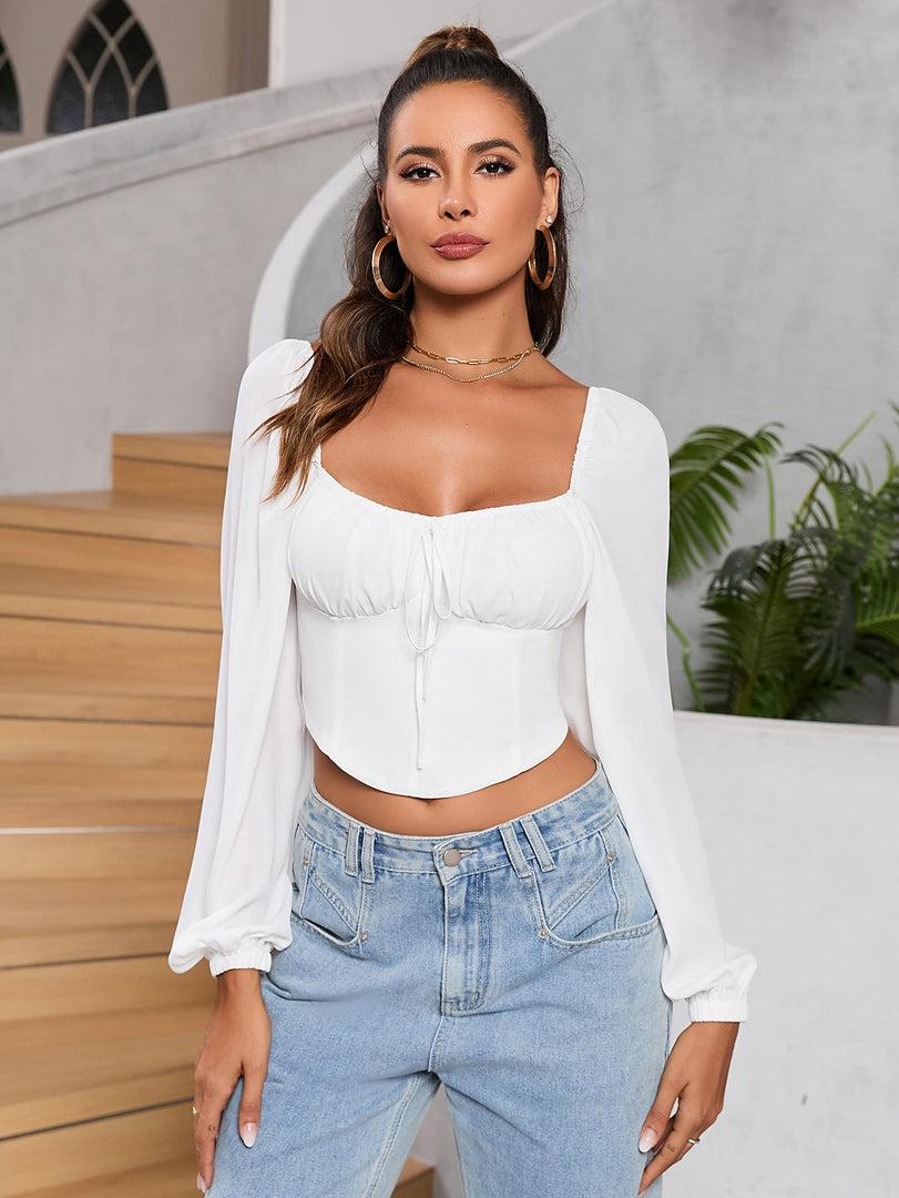 Long Sleeve Ruched Bust Zipper Back Crop Top | Formal Event Top