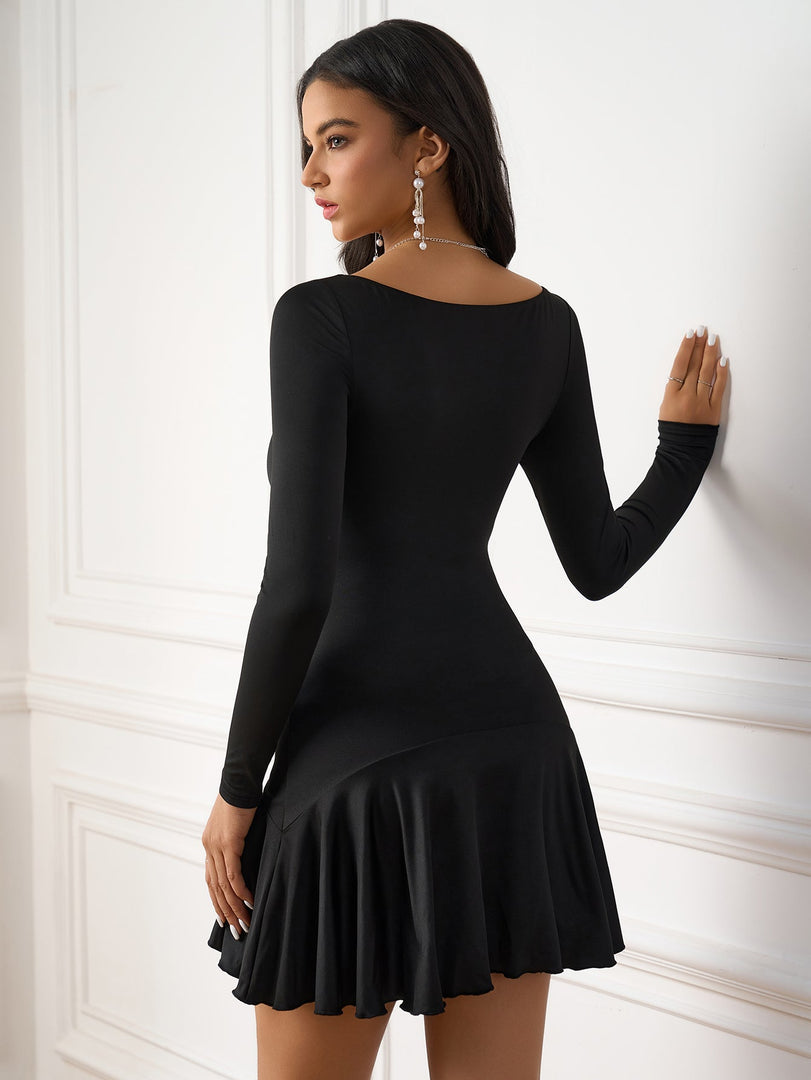 Long Sleeve Ruched Pleated Hem Mini Dress | Formal Dress