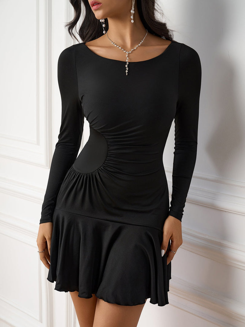 Long Sleeve Ruched Pleated Hem Mini Dress | Formal Dress