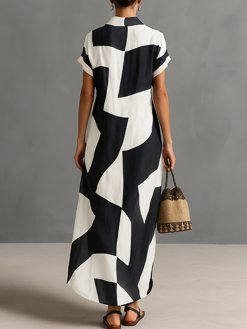 Women's Black and White Shirt Dress Lapel Collar Color Block Button Front Short Sleeve Linen Casual Maxi Style