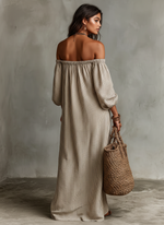 Load image into Gallery viewer, Women's Striped Linen Maxi Dress Off Shoulder Puff Sleeve Flowing Casual Summer Style
