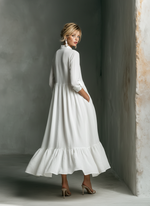 Load image into Gallery viewer, Women's White Maxi Dress Stand Collar Button Placket Long Sleeve Tiered Linen Casual Style
