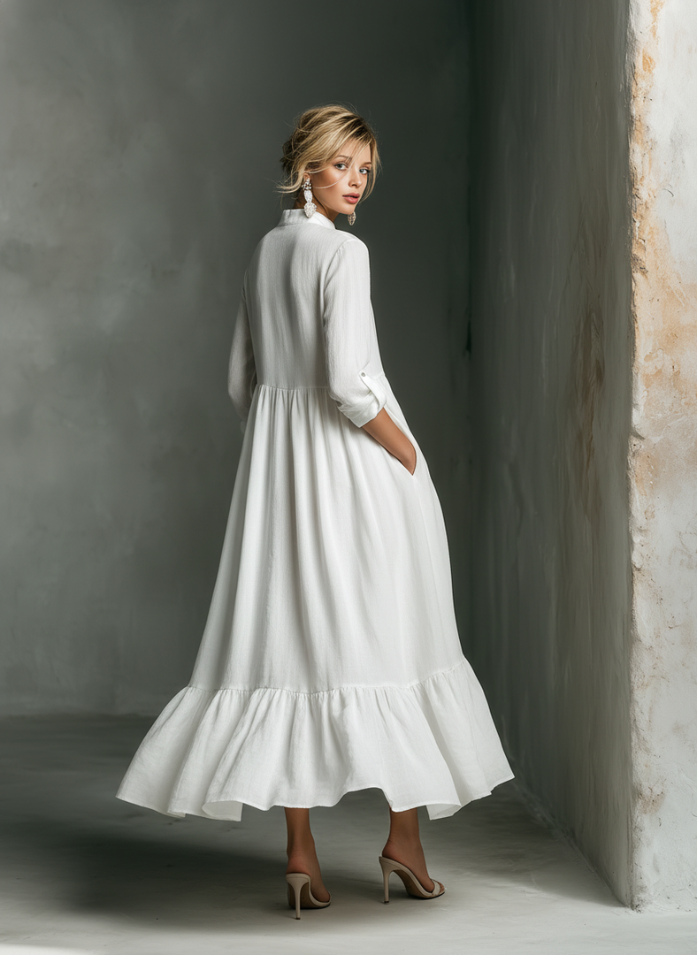 Women's White Maxi Dress Stand Collar Button Placket Long Sleeve Tiered Linen Casual Style