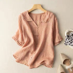 Load image into Gallery viewer, Women's Linen Blouses Round Neck Short Sleeve Button Relaxed Flowing Style
