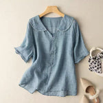 Load image into Gallery viewer, Women's Linen Blouses Round Neck Short Sleeve Button Relaxed Flowing Style
