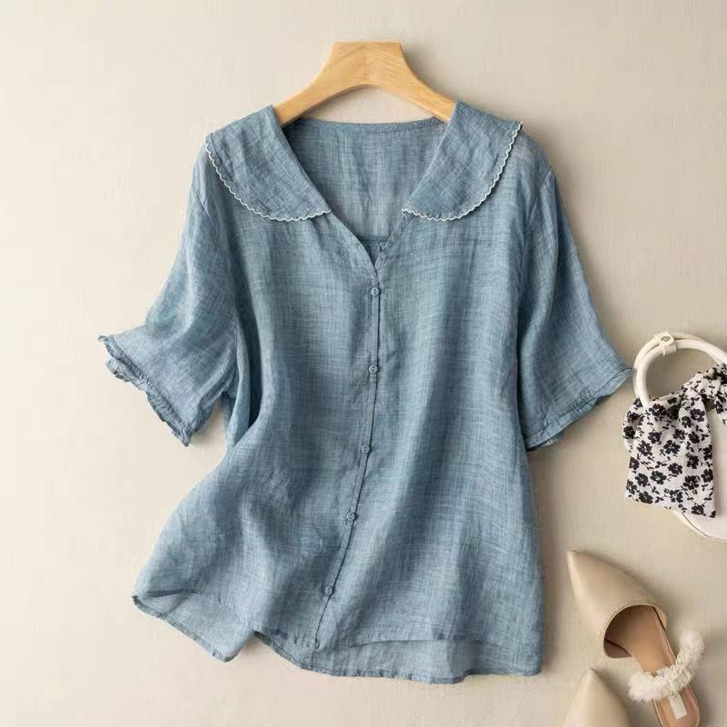 Women's Linen Blouses Round Neck Short Sleeve Button Relaxed Flowing Style
