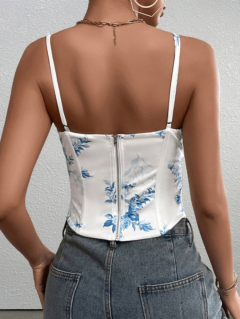 Mesh Patchwork Floral Print Boning Cami Top | Vacation Top