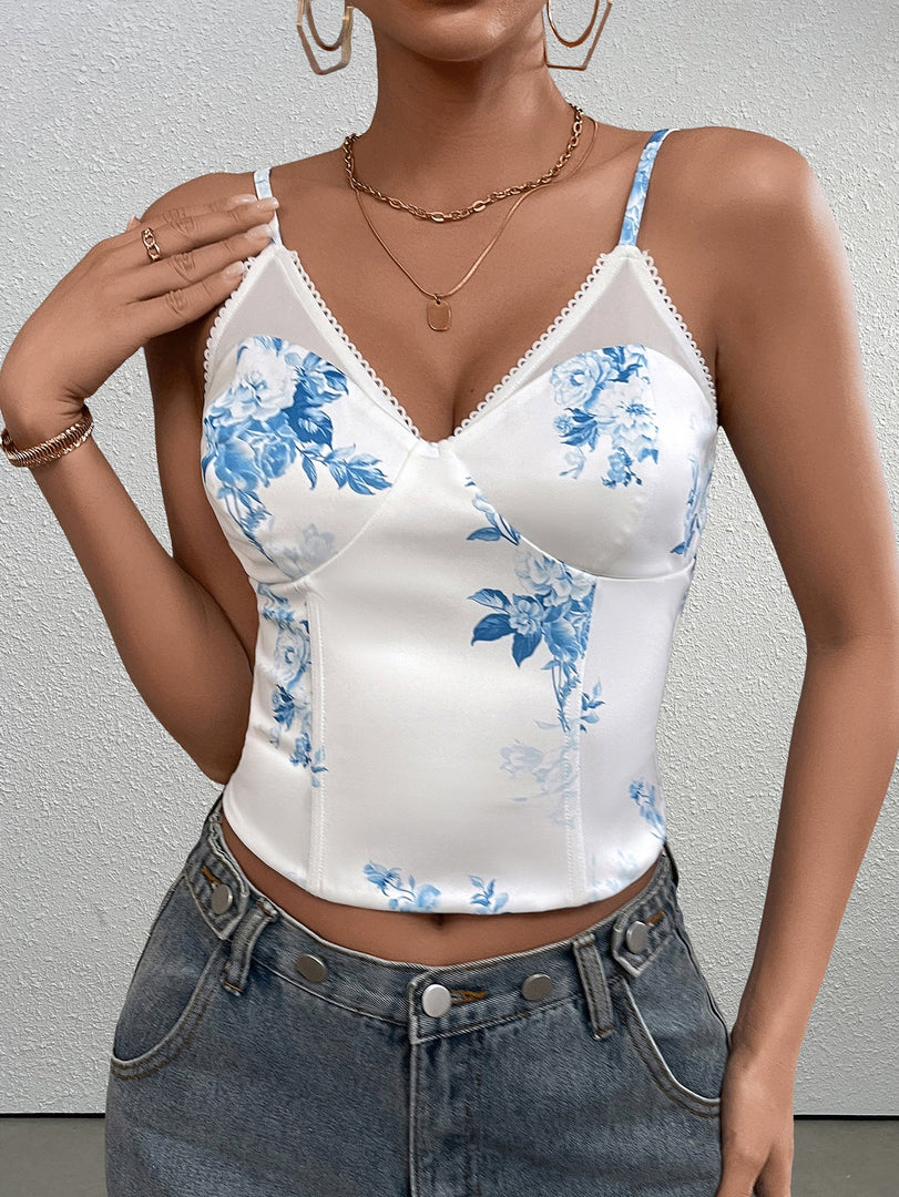 Mesh Patchwork Floral Print Boning Cami Top | Vacation Top