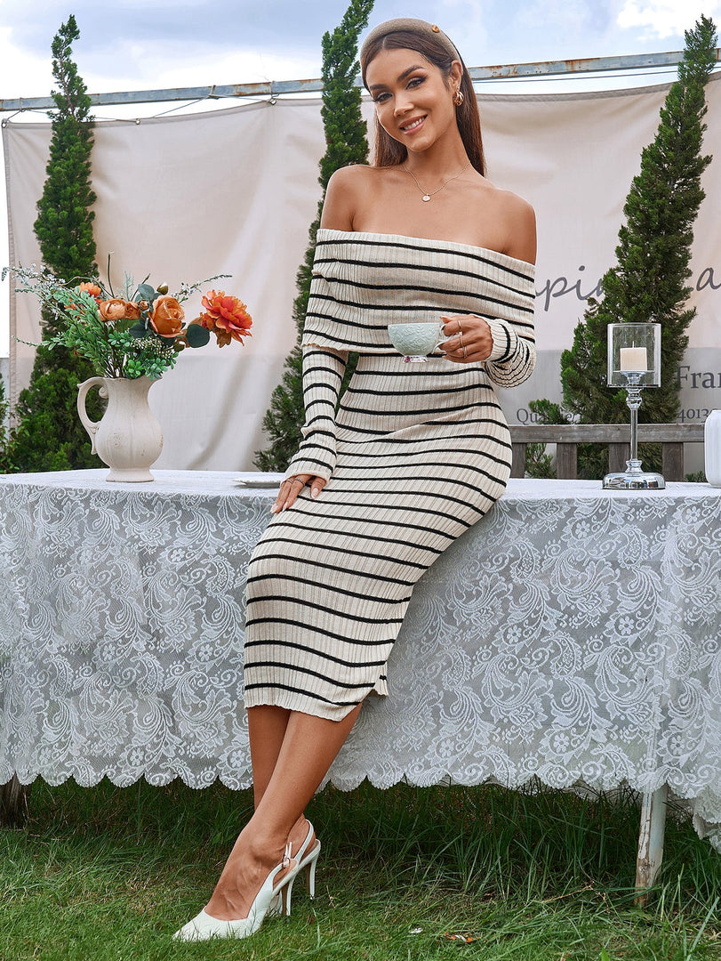 Off Shoulder Contrast Knitted Bodycon Dress | Homecoming Dress, Cocktail Dress