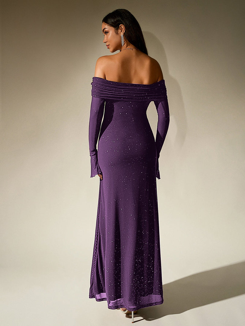 Off Shoulder Flounce Sleeve Mesh Sequin Dress | Homecoming Dress
