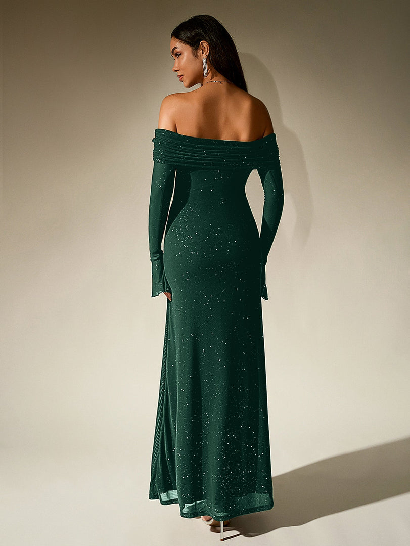 Off Shoulder Flounce Sleeve Mesh Sequin Dress | Homecoming Dress