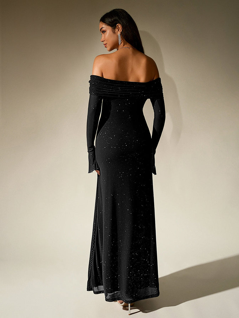 Off Shoulder Flounce Sleeve Mesh Sequin Dress | Homecoming Dress