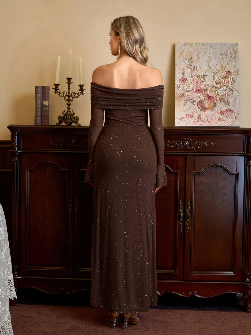 Off Shoulder Flounce Sleeve Mesh Sequin Dress | Homecoming Dress