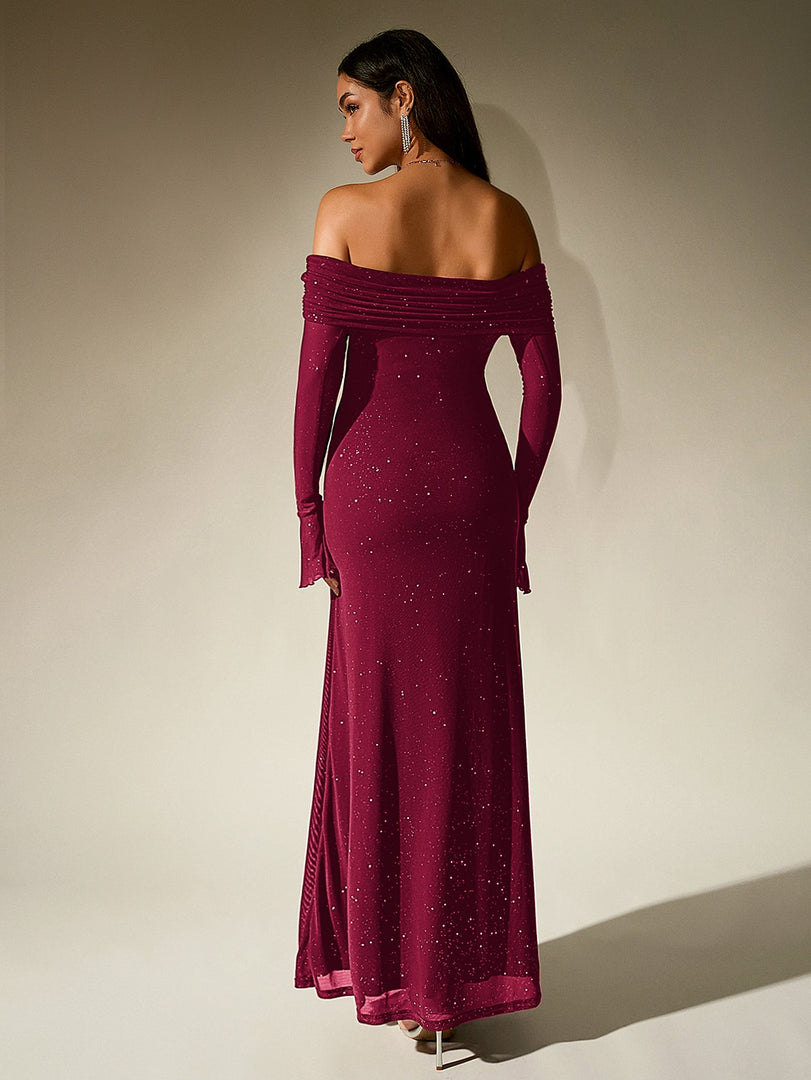 Off Shoulder Flounce Sleeve Mesh Sequin Dress | Homecoming Dress