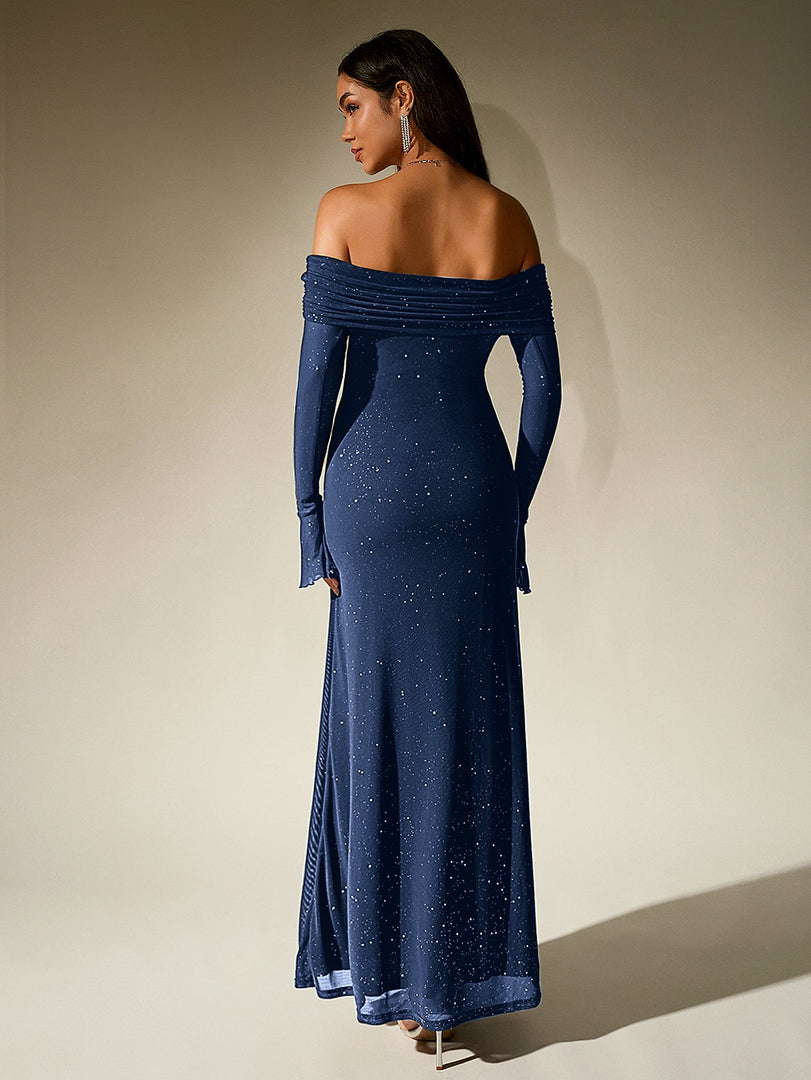 Off Shoulder Flounce Sleeve Mesh Sequin Dress | Homecoming Dress