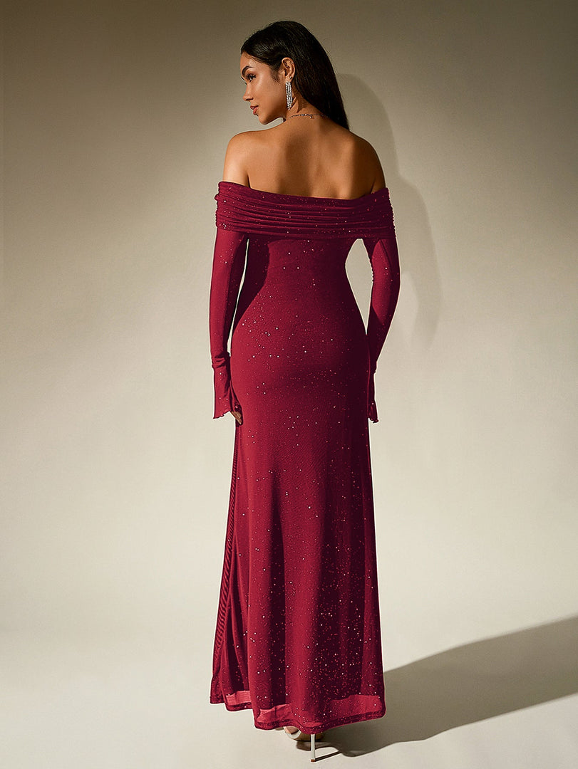 Off Shoulder Flounce Sleeve Mesh Sequin Dress | Homecoming Dress