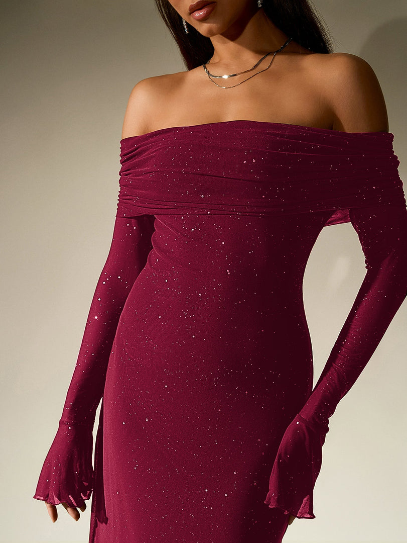 Off Shoulder Flounce Sleeve Mesh Sequin Dress | Homecoming Dress
