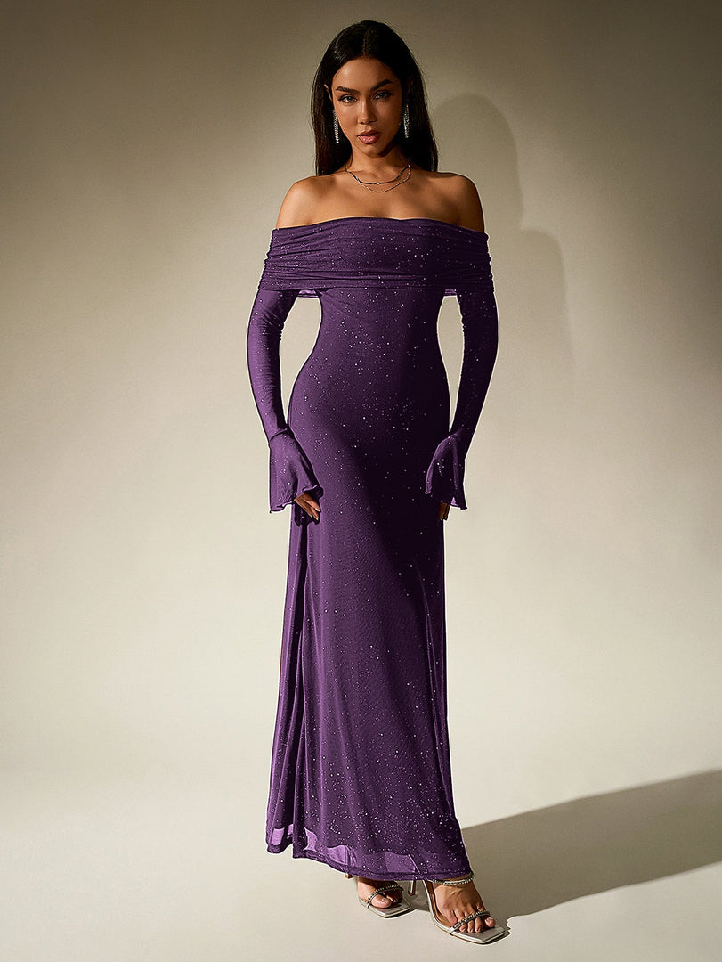 Off Shoulder Flounce Sleeve Mesh Sequin Dress | Homecoming Dress