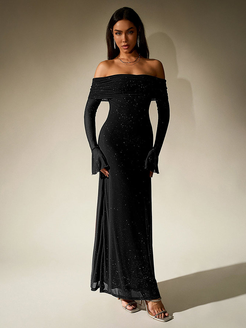 Off Shoulder Flounce Sleeve Mesh Sequin Dress | Homecoming Dress