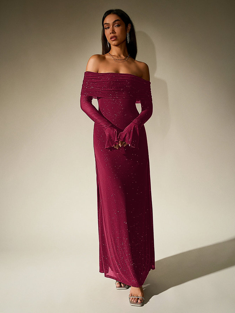 Off Shoulder Flounce Sleeve Mesh Sequin Dress | Homecoming Dress