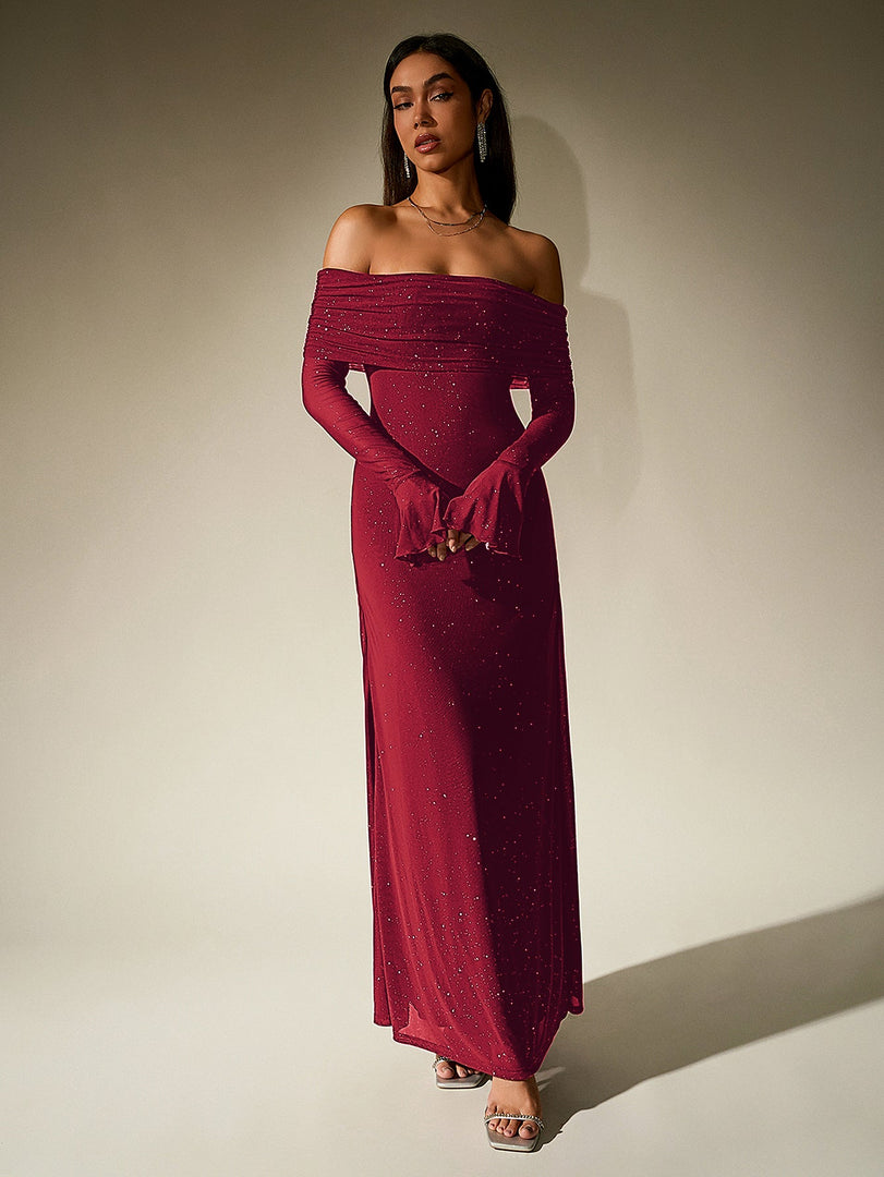 Off Shoulder Flounce Sleeve Mesh Sequin Dress | Homecoming Dress