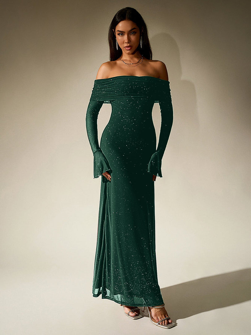 Off Shoulder Flounce Sleeve Mesh Sequin Dress | Homecoming Dress